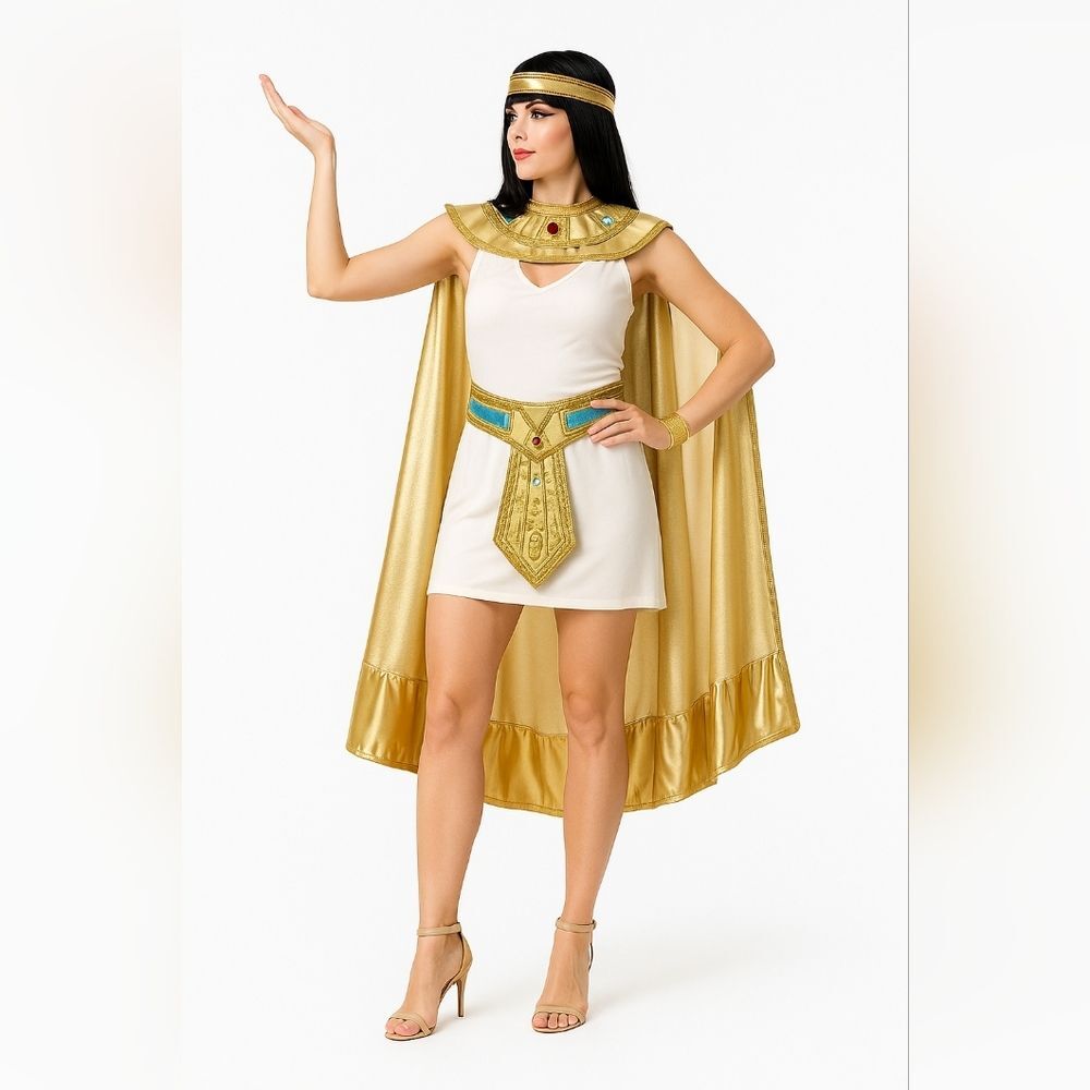 Cleo Cleopatra Costume White Gold Collar Cape Dress Belt XS Cosplay NWT Egyptian